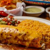 Chimichanga · Large homemade flour tortilla stuffed with your choice of meat and deep fried, topped with b...