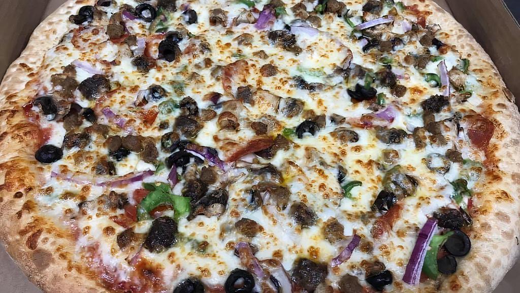 Pizza Supreme Deluxe · Pepperoni, mushrooms, onions, black olives, green peppers, sausage, ground beef and extra cheese.