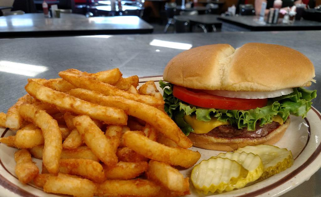 Deaner'S Deluxe · Half pound burger topped with Swiss and American cheese, two strips of bacon, and fried onions on a grilled bun.