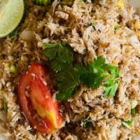 Crab Fried Rice · Blue crab meat fried rice, tomato, garlic, onion, green onion, egg.