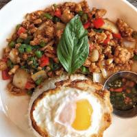 Krapow Kai Dao (Served With Steamed Rice) · Stir-fried spicy basil sauce , green beans, bell peppers and onion, basil ,fried egg, served...