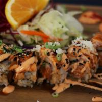 Tiger Roll · Spicy Salmon & Cucumber Roll w/ Seared Salmon Topping