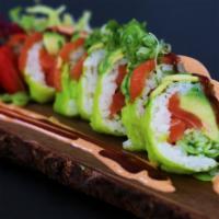 Evergreen Roll [Soybean Paper] · Salmon, Avocado, Cucumber roll w/Salmon & Avocado Topping