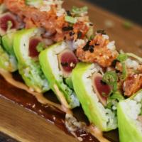 Empire Roll [Soybean Paper, No Seaweed] · Tuna Tataki, Cucumber, Avocado, & Crab Roll 
w/Spicy TunaTopping