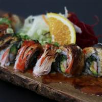 Autumn Roll · Crab, Cucumber, Avocado Roll w/Seared Eel & Crab Topping
