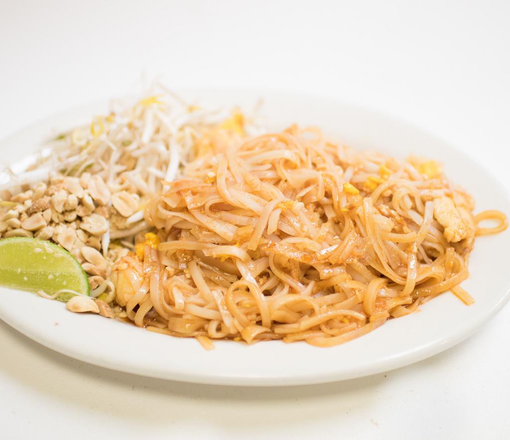 Pad Thai · Gluten free. Pan fried rice noodles, eggs, onions, your choice of beef, chicken, or pork, topped off with bean sprouts and roasted peanut. Shrimp is available for an extra charge.