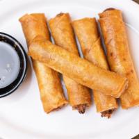 Egg Rolls (5) · Deep-fried and filled with ground pork, glass noodles, black mushrooms, and veggies. Served ...