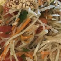 Thai Papaya Salad · Spicy, vegetarian. The Thai papaya salad is what Thailand is known for, shredded papaya and ...