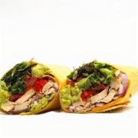 Avocado Chicken Wrap · Grilled Mesqiute Chicken, Avocado, Roasted Red Pepper, Fresh Salad Mix, Jalapeno Cheddar Tor...