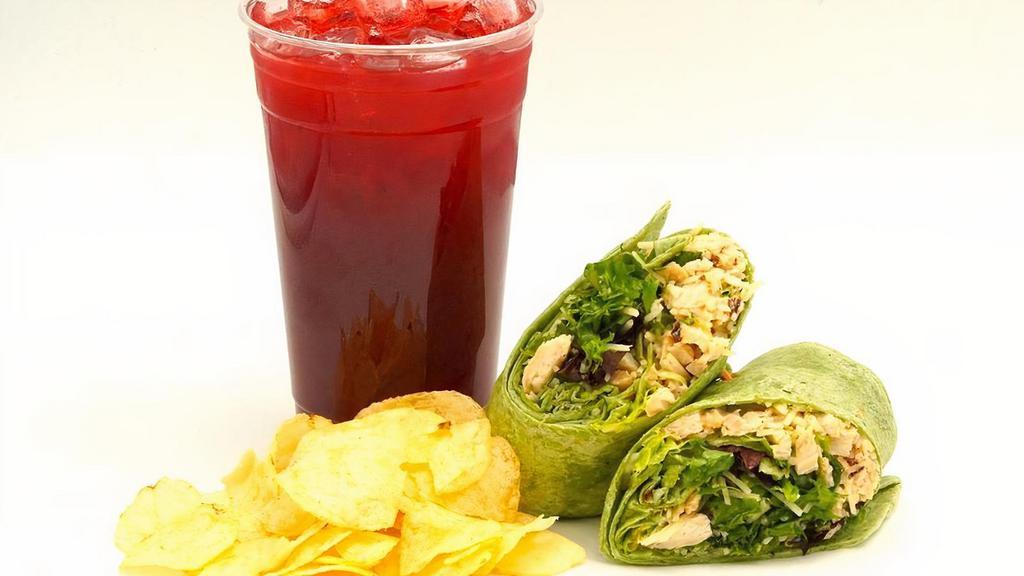 Chicken Caesar Wrap Combo · Grilled Mesquite Chicken, Shredded Parmesan Cheese, Caesar Dressing, Fresh Salad Mix, Spinach Tortilla. Combo comes with Wrap, Medium Crush Juice and Chips.