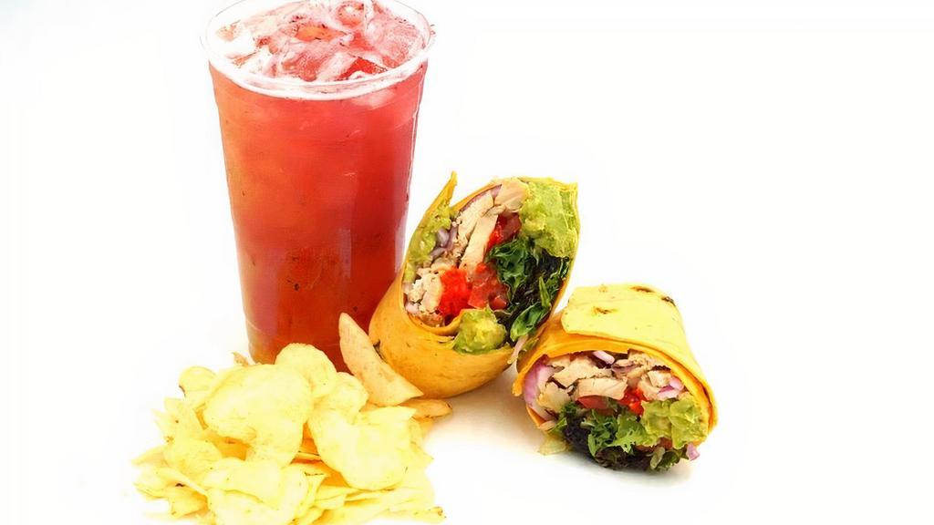 Avocado Chick Wrap Combo · Grilled Mesqiute Chicken, Avocado, Roasted Red Pepper, Fresh Salad Mix, Jalapeno Cheddar Tortilla. Combo comes with Wrap, Medium Crush Juice and Chips.