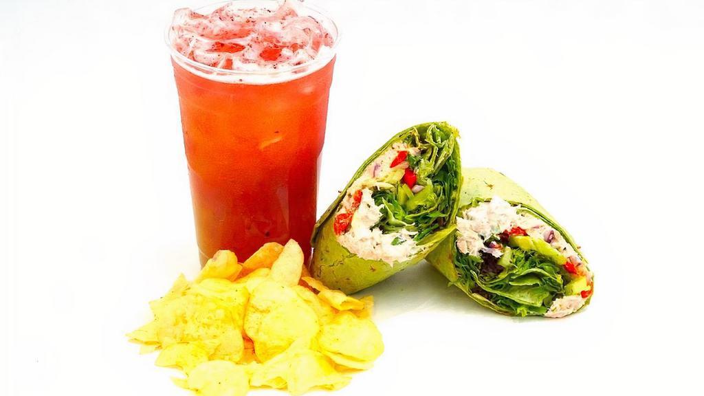 Crunchy Tuna Wrap Combo · Albacore Tuna, Celery, Roasted Red Pepper, Fresh Salad Mix, Mayo, Red Onion, Spinach Tortilla. Combo comes with Wrap, Medium Crush Juice and Chips.