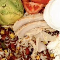 Baja Grain Bowl With Chicken · Grilled Mesquite Chicken, Feta Cheese, Avocado, Tomato, Greek Yogurt, Chipotle lime red quin...