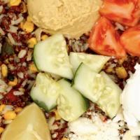 Mediterranean Grain Bowl · Hummus, Cucumber, Feta Cheese, Tomato, Greek Yogurt, Chipotle lime red quinoa pilaf with fir...