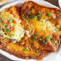#5 · El Pollo. Two chicken, cheese and onion enchiladas and a crispy chicken taco. Served with re...