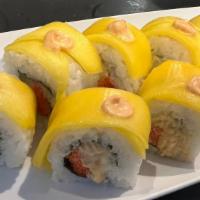 Mango Roll (8) · Chick peas with spicy mayo, avocado, cucumber, and soy protein with mango on top