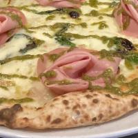 Mortadella & Pesto Pizza · Mozzarella cheese , Pesto sauce, Mortadella