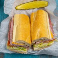 Captain Sub Combo · Ham, Bologna, Salami, Lettuce, tomato, onion, pickle, oil, seasoning. Served with chips and ...