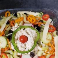 Loaded Chef Salad · Fresh Green Salad with Celery, Tomato,  Peppers, Cucumbers, Carrots, Broccoli, Radishes, Oli...