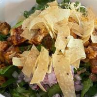 Bbq Chicken Salad · Grilled chicken breast tossed in BBQ sauce, cheese blend, romaine, avocado, red onion, tomat...
