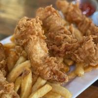 Hand Battered Chicken Tenders · Hand beer battered fried chicken strips and hand-cut fries with ranch, honey mustard or BBQ ...