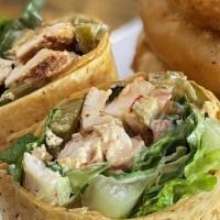 Jalapeno Ranch Wrap · Sun-dried tomato tortilla, grilled chicken, pepper jack queso, romaine, jalapenos, tomato an...