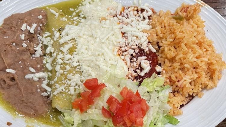 Wawa  Enchiladas Plate · 1 beef ranchera, 1 chicken green, and 1 queso fresco covered with guajillo sauce. Served with Spanish rice and refried beans.