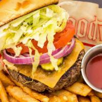 Salty'S Burger & Fries	 · Brioche bun, caramelized onion mayonaise, bacon, tillamook cheddar, vine-ripened tomato, swe...