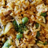 Curry Fried Rice (Spicy) · Spicy. Seitan, broccoli, carrot, pea, pickle jalapeno, onion.