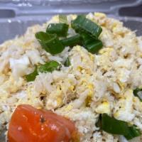 Fr5 Crab Fried Rice · Fried rice with eggs, onion, and crab meat.