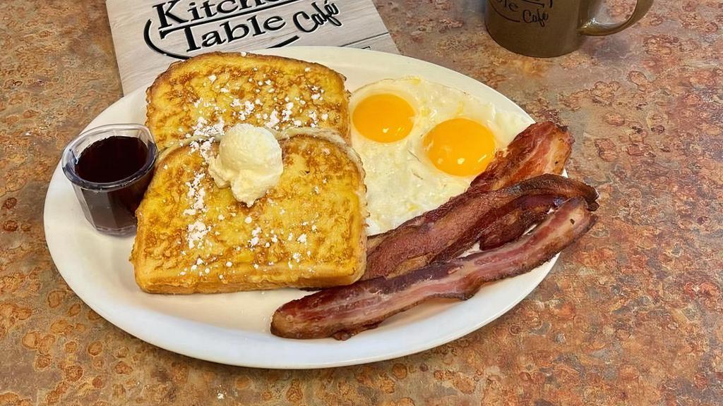 French Toast Combo · Thick bread dipped in egg batter and grilled golden brown. Served with two eggs and your choice of ham, bacon or sausage.