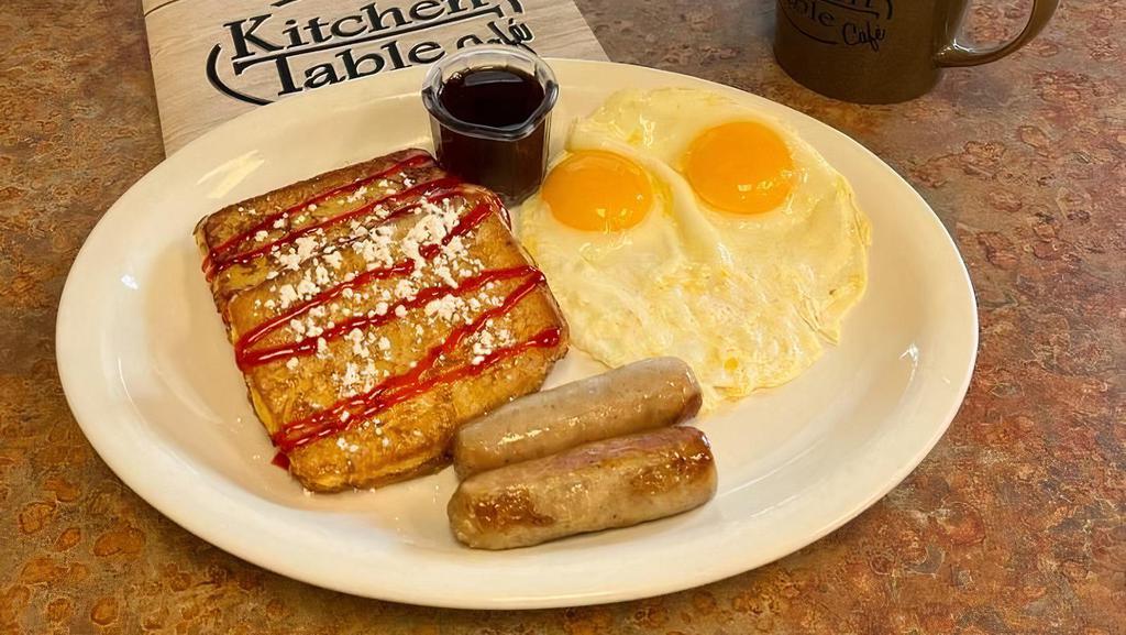 Lemon Raspberry French Toast Combo · Thick lemon bread dipped in egg batter and grilled to perfection. Dusted with powdered sugar and drizzled raspberry sauce. Served with two eggs and your choice of ham, bacon or sausage.