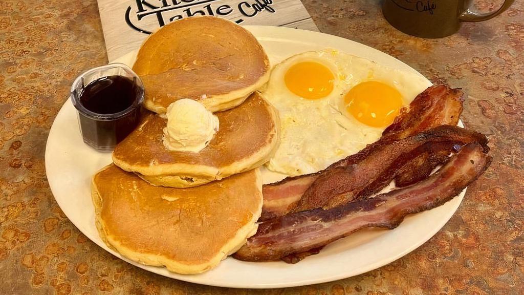 Buttermilk Pancake Combo · Three buttermilk pancakes. Served with two eggs and your choice of ham, bacon or sausage.