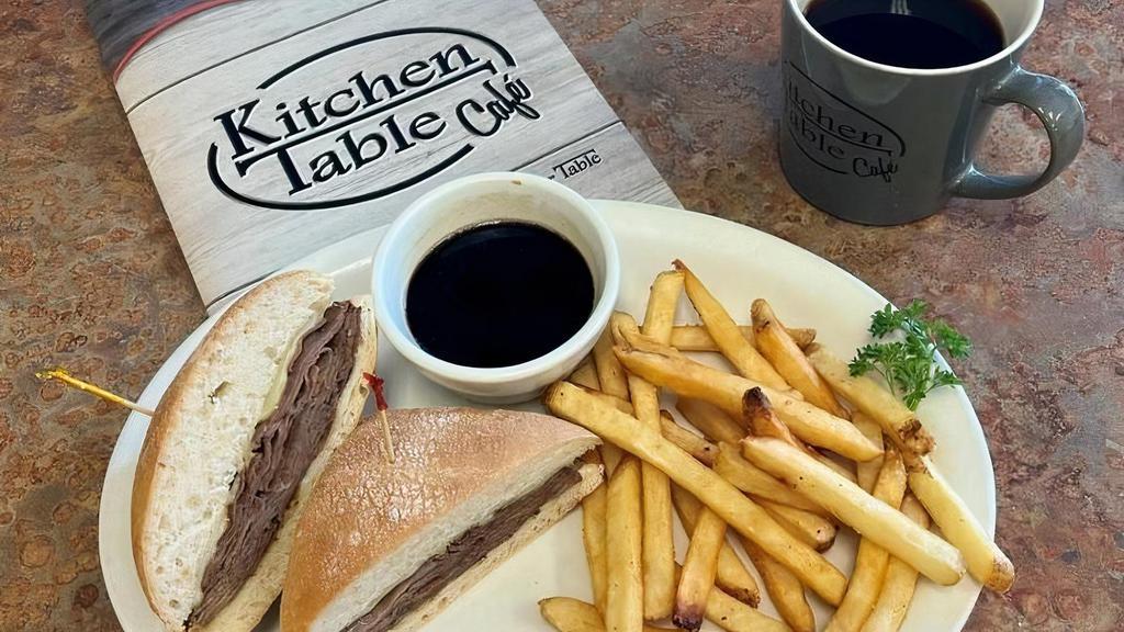French Dip · Thin sliced roast beef or turkey with melted swiss cheese on ciabatta bread. Served with rich au jus.