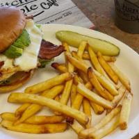 California Chicken Burger · Grilled chicken breast, melted jack cheese, avocado, bacon, lettuce, tomato, onion and mayo.