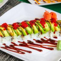 Dragon Roll · Smoked eel & cucumber topped with avocado, scallions & masago.