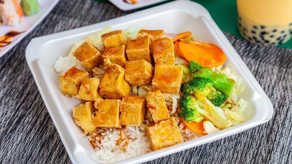 Tofu Vegetarian Teriyaki · Served with mixed vegetables and white rice.