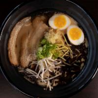 Tamago Garlic · Tonkotsu with garlic oil and soft boiled egg. Please take off the broth lid and microwave it...