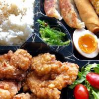Chicken Karaage Bento · Main Dish: Chicken Karaage + Gyoza, Vege Spring Rolll, Tempura Shrimp, Softboiled Egg, Seawe...