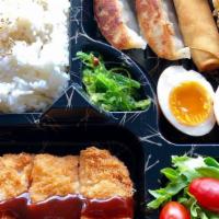 Tonkatsu(Pork Cutlet) Bento · Main Dish: Tonkatsu(Pork Cutlet) + Gyoza, Vege Spring Rolll, Tempura Shrimp, Softboiled Egg,...