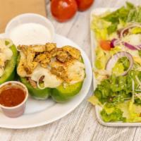 Chicken Stuffed Bell Peppers Keto / Low Carb · Roasted peppers with marinated chicken gyro topped with melty mozzarella cheese served with ...