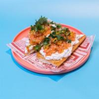 Salmon Tostada · buttered cuban bread with fresh sofrito yogurt spread, mojito-cured salmon, & microgreens