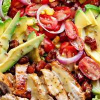 Chicken Avocado Salad · Fire braised chicken, sliced avocado, crispy turkey bacon atop field greens,
iceberg lettuce...