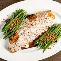 Oven-Baked Redfish · Hazelnut, White Cheddar & Parmesan Encrusted, Beurre blanc, Haricot Verts.