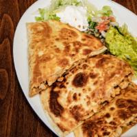 Shrimp Quesadilla (Camaron) · Grilled shrimp with grilled onions and tomatoes. Sour cream and guacamole salad on the side