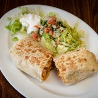 Chorizo Burrito (Mexican Sausage) · Soft flour tortilla stuffed with rice beans cheese and one choice of meat served with sour c...
