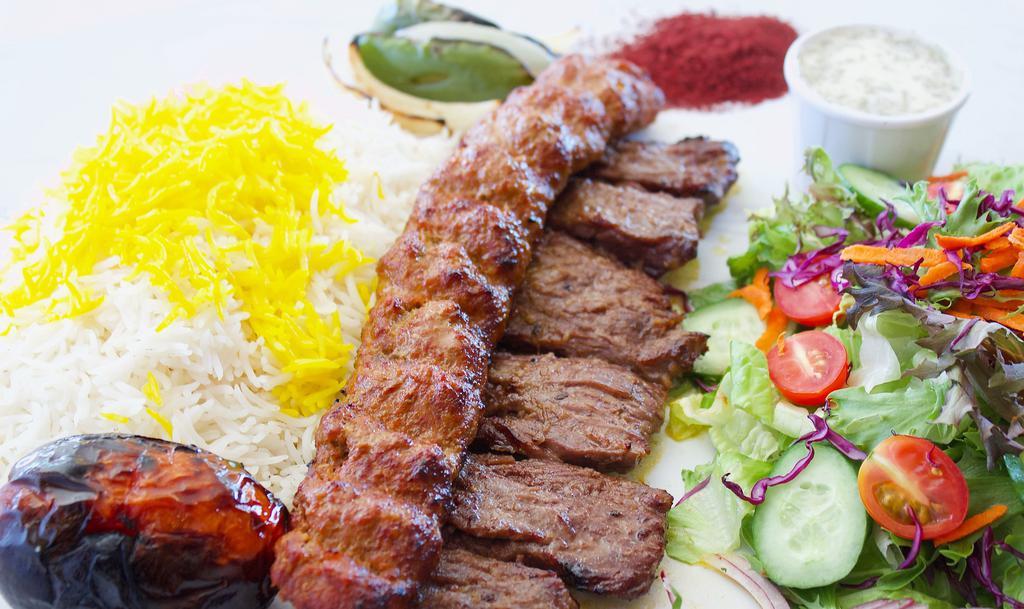 Soltani Beef Combo · Combination of Barg or Shish Kabob and Koobideh, skewered and charbroiled to perfection.