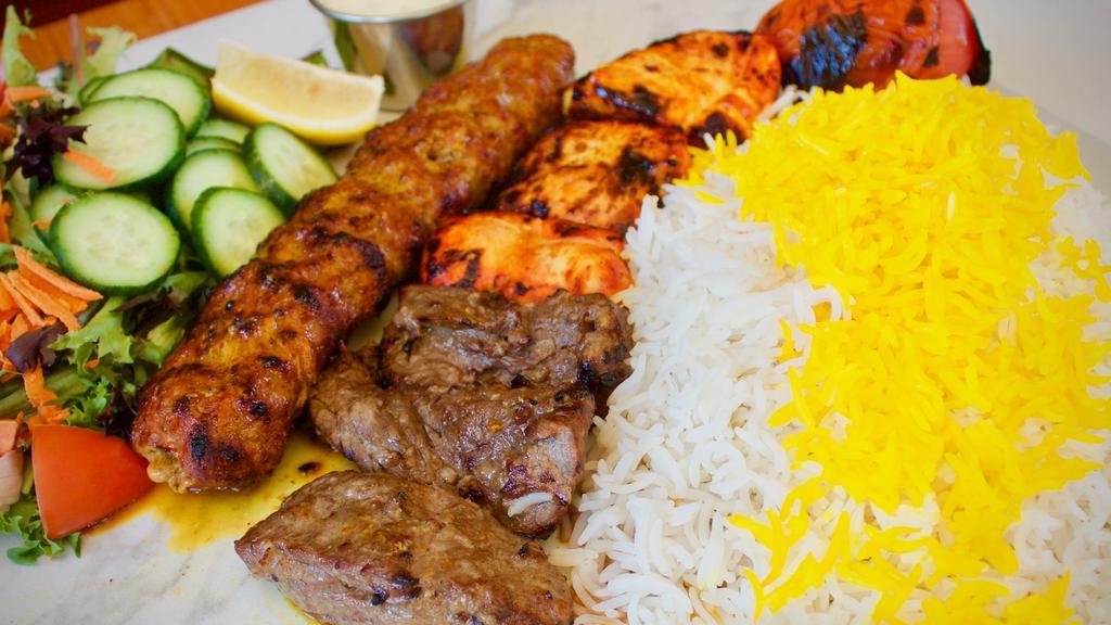 Gypsy Combo · Combination of Beef Koobideh, Shish Kabob and Boneless chicken. Served with rice, grilled tomato and jalapeño.