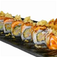 Whabii Roll · Crab salad, cucumber,  avocado and shrimp  tempura.
Topped with seared salmon, spicy aioli a...