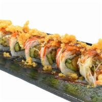 Chapis Roll  · Shrimp tempura, cucumber, cream cheese, avocado, topped with seared crabstic, spicy aioli an...